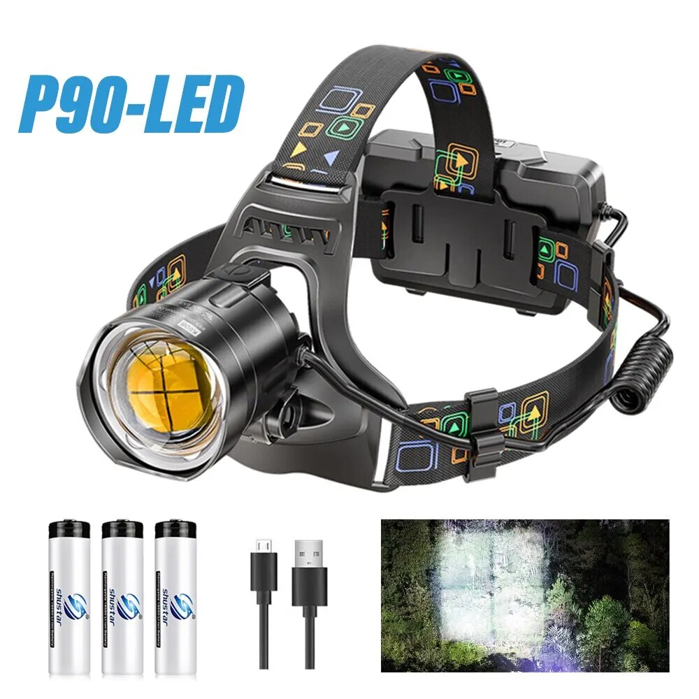 Super Bright LED Headlamp with XHP90 Lamp Beads Waterproof Headlight Power Display Suitable Exploration Hunting Fishing